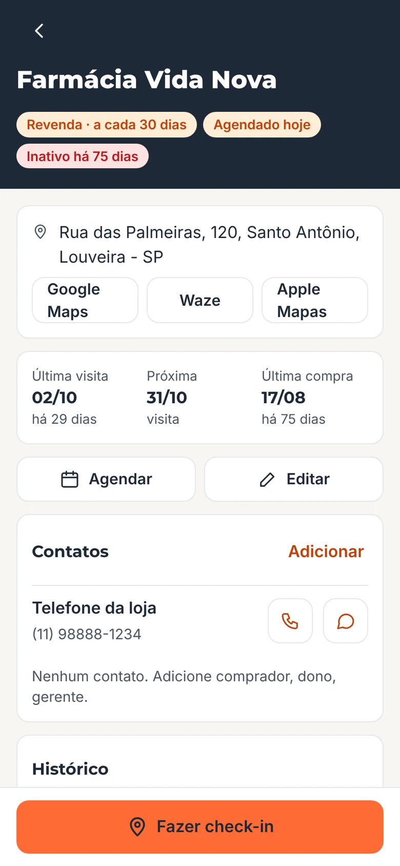 Ficha do cliente com endereço, contatos e botões de navegação