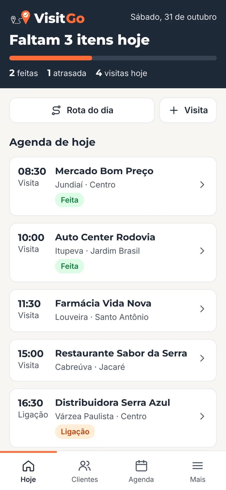 Tela Hoje do VisitGo com a agenda do dia