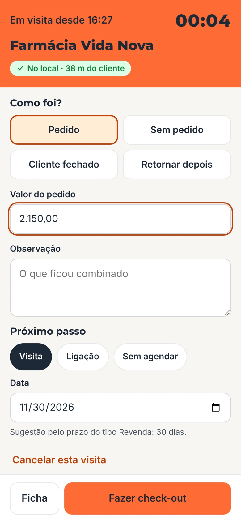 Tela de visita em andamento com check-in no local